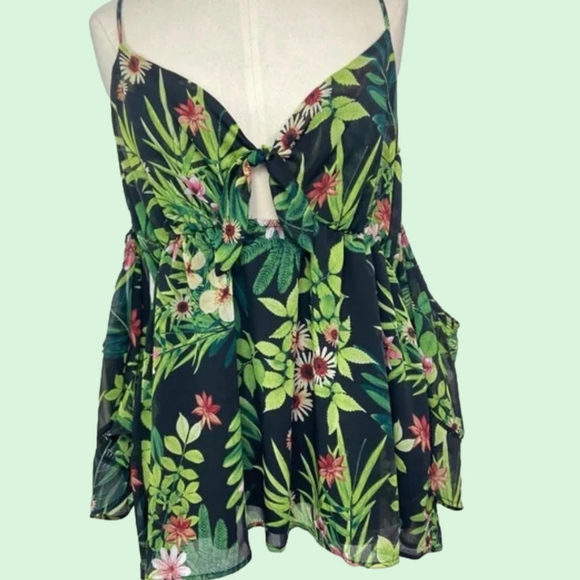 VENUS Tropical Green Black Off Shoulder Spaghetti Strap Blouse Women’s Size L - Picture 4 of 10